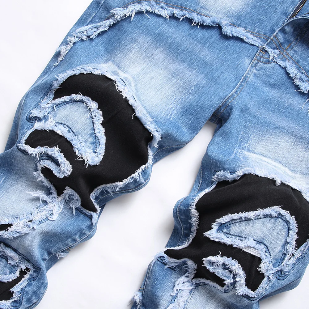 Men Patches Ripped Denim Jeans Casual Holes Distressed Stretch Pants Slim Straight Trousers
