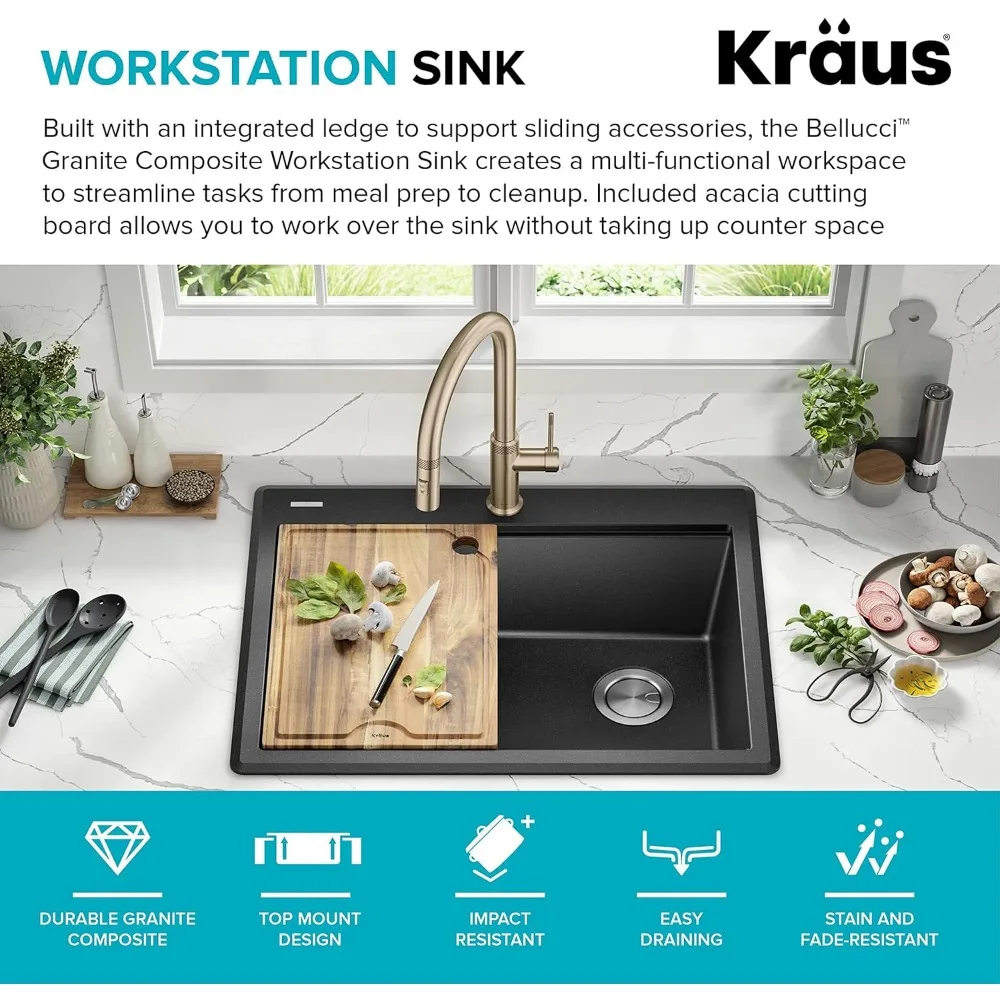 Workstation 32 inch Undermount Granite Composite Single Bowl Kitchen Sink in Metallic Black with Accessories, KGUW2-33MBL