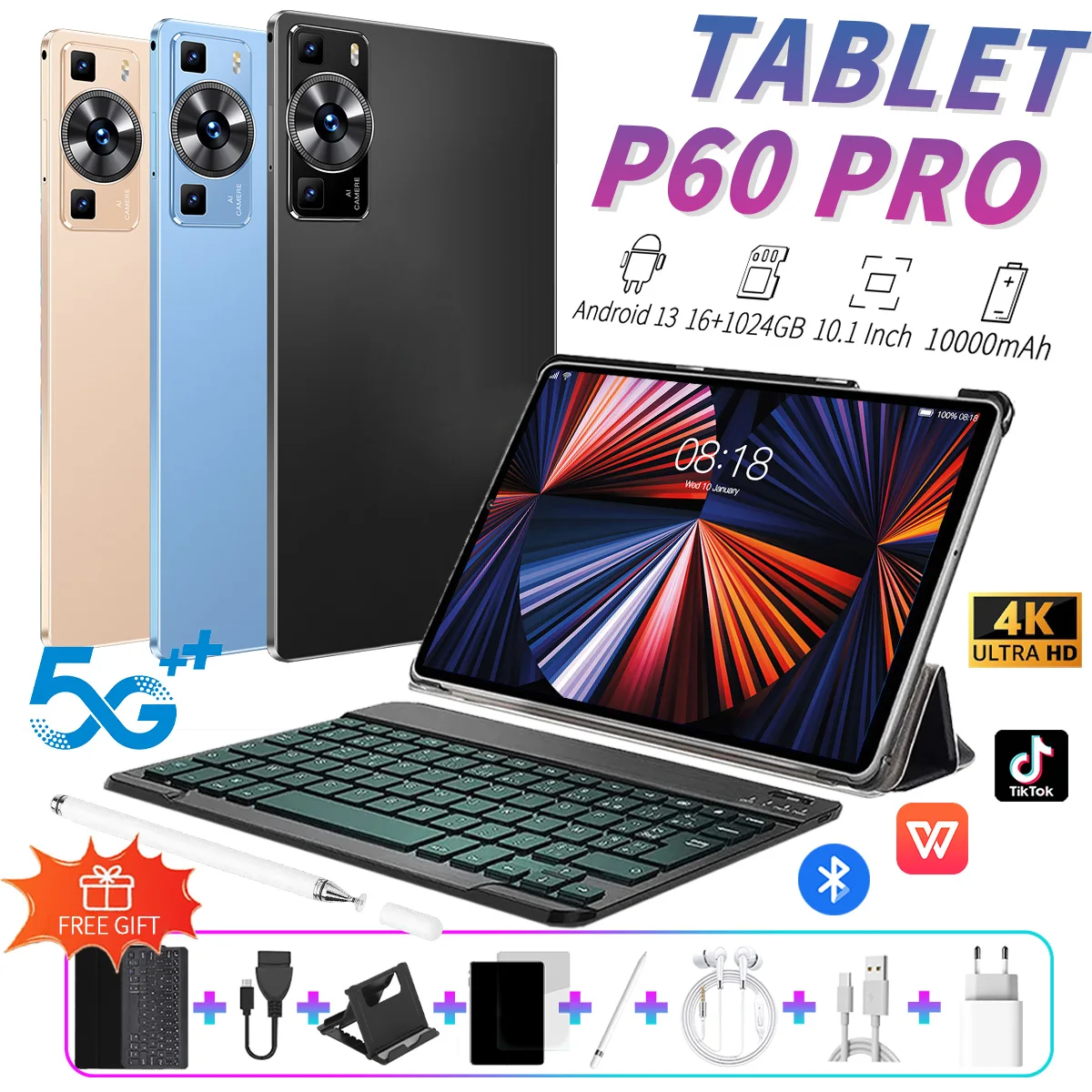 2024 태블릿 안드로이드 13.0 글로벌 버전, 10.1 인치, 16GB RAM, 1TB ROM, 태블릿 PC, 5G 듀얼 SIM, 와이파이 블루투스 네트워크, HD 4K MiTab, 신제품