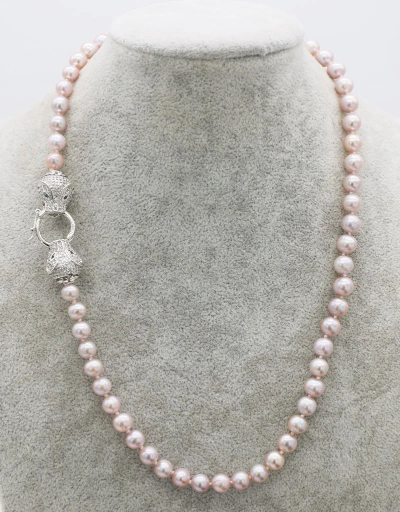 

Hand knotted necklace freshwater pearl purple near round 7-8mm A leopard clasp 18"
