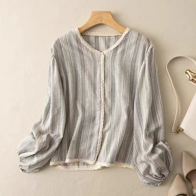 

New Autumn Spring Striped Lace V-Neck Long Sleeve Brief Blouse Shirt Elegant Office Ladies Women Casual Loose Tops Blusas