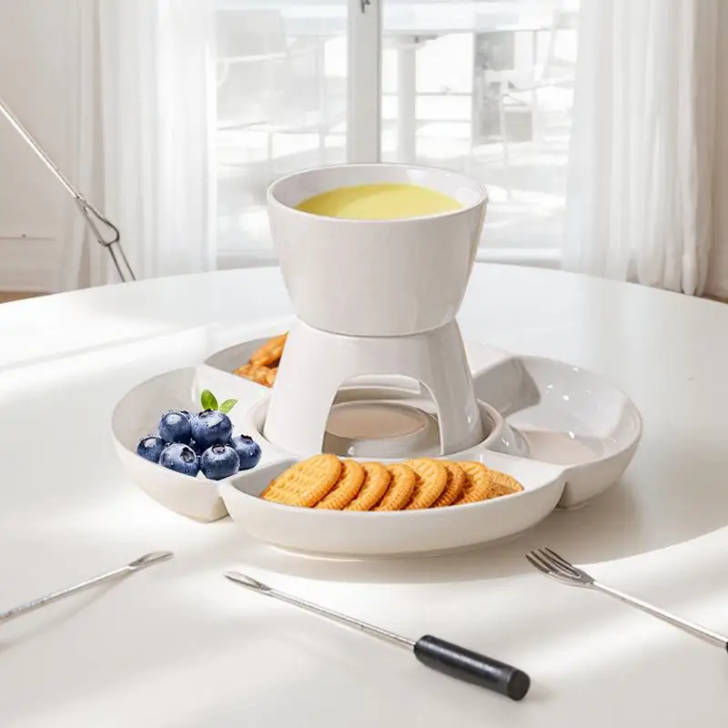 White Ceramic Chocolate Fondue Pot with Dishes Forks Porcelain Diy Fondue Serving Set for Cheese Chocolate Icecream