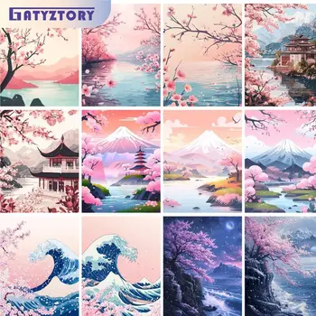 Gatyztoire – peinture de paysage par numéros, peinture acrylique peinte à la main à l'huile, pagode Sakura, décorations pour la maison, artisanat sur toile pour adultes, cadeau DIY 1
