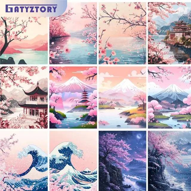 Gatyztoire – peinture de paysage par numéros, peinture acrylique peinte à la main à l'huile, pagode Sakura, décorations pour la maison, artisanat sur toile pour adultes, cadeau DIY 1