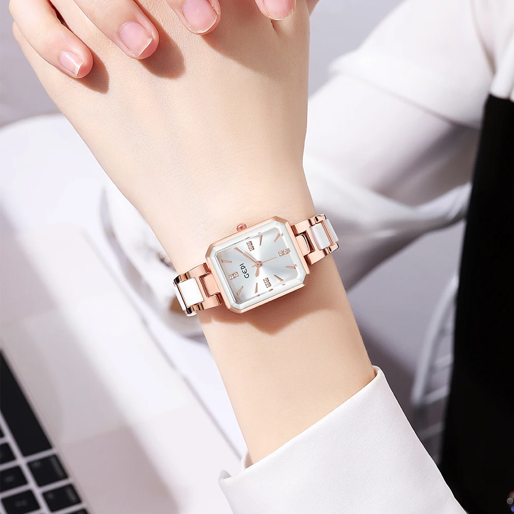 Luxury Rectangle Women Watches Simulated-Ceramics Bracelet 30M Water Resistance Elegant Ladies Quartz Wrist Watch White Black