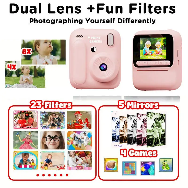 New Kids Instant Printing Camera 5 Color Print Camera 1080P 2.4inch Display Camera Print Photo Music Boys Girls Gift