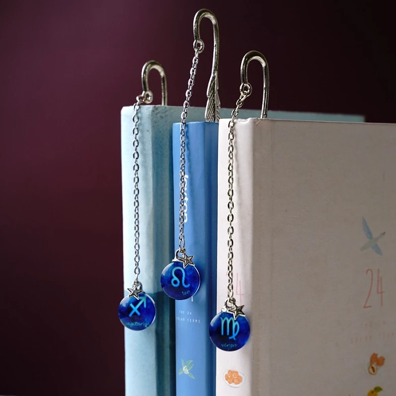 

Retro Bookmark Pendant Luminous Twelve Constellation Bookmarks Metal Feather Book Marks School Gifts Beautiful Chain Stationery