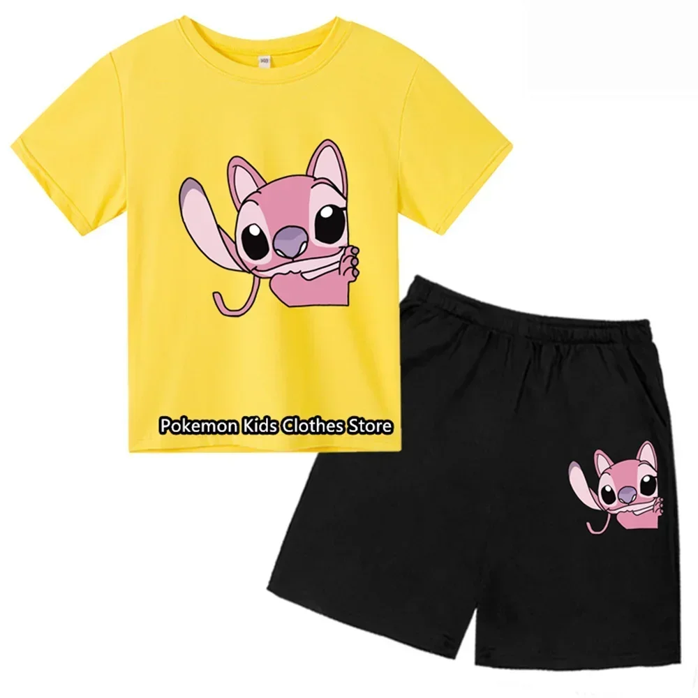 thumbnail image 1 of Conjunto de camiseta de dos piezas con puntadas bonitas para bebé y niño, cuello redondo, informal, manga corta, pantalones cortos de manga corta para niña, 1 of 5