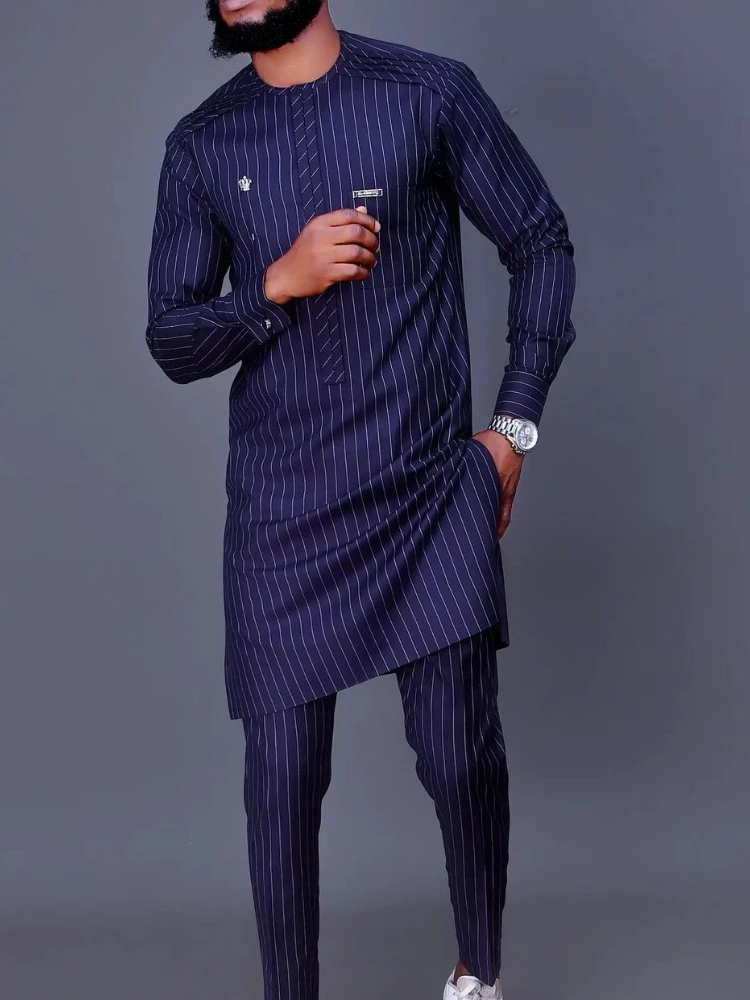 Striped Printed Long Sleeved Robe Muslim Clothing African Ethnic Style Suit Islamic Clothing  Arabic Muslim Clothing Muslim Sets