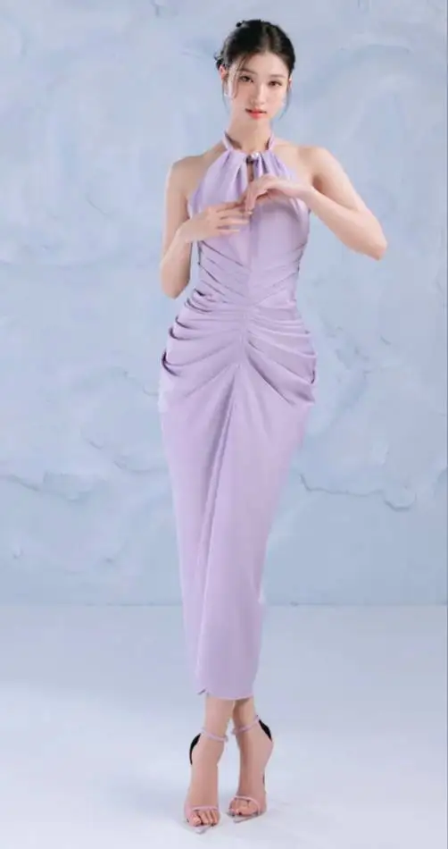 

Lilac Prom Dresses Blue Pleats Halter Neckline Tea Length Mermaid Satin Formal Party Graduation Gowns Custom made