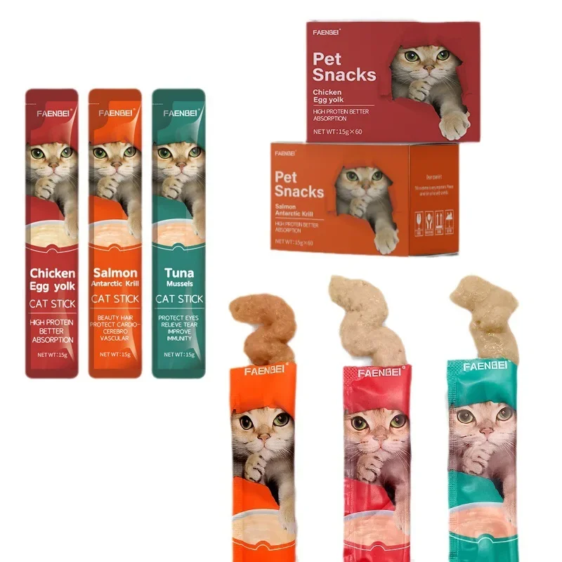 Cat Snack Stick Eye Protection Relieve Tear Improve Immunity Training Rewards Cat Treat Stick Snacks Three Flavors 60PCS