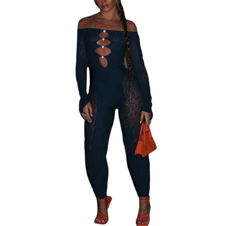 

Sexy Hollow Out See Through Jumpsuits Women Solid Seductive Midnight Off Shoulder Long Sleeve Body-Shaping Clubwear Outfit