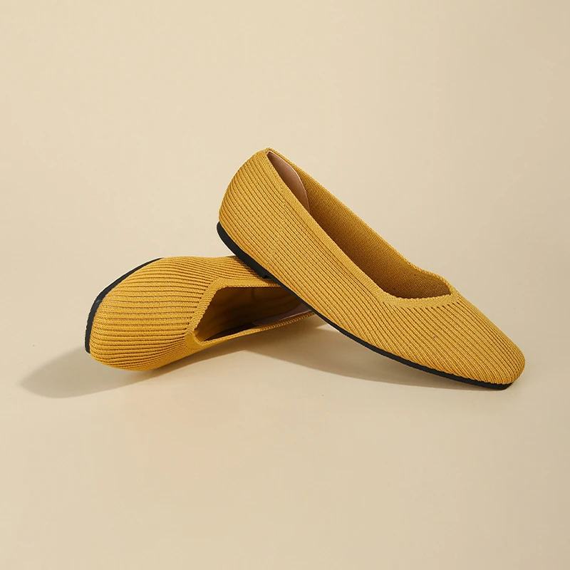 Women's Flat Casual Fashion Pattern Breathable Knitted Non slip Rubber Sole Square Head Comfortable Shoes Solid Color Leisure