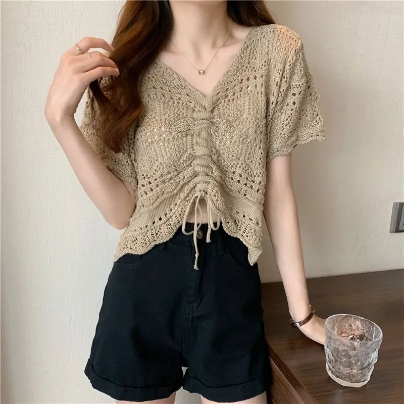 

Summer Casual Women Loose Female Gentle Hollow Out Top Knitted Pullover Blouse Short Sleeve Sweater Bohemian Soft Drawstring