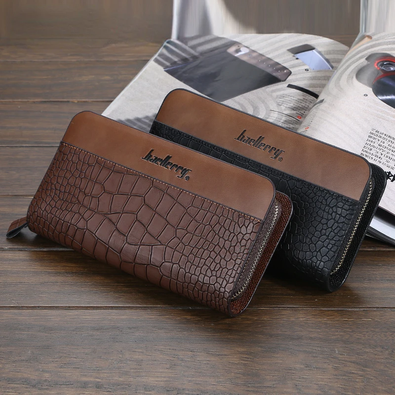 1pc Crocodile Pattern Mens Clutch Double Zipper Wallet Retro