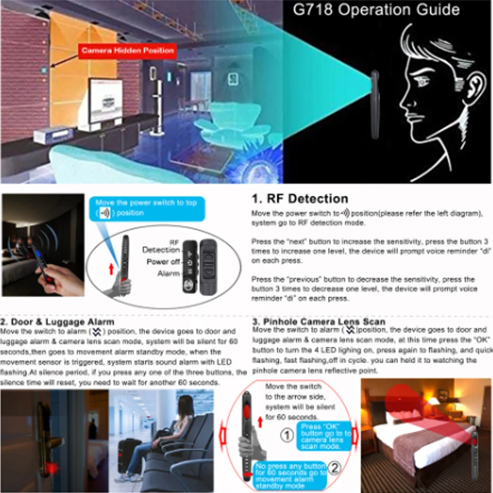Hidden Camera Detector Anti-Spy Car GPS Tracker Listening Device infrared scanning detector, sound and light alarm
