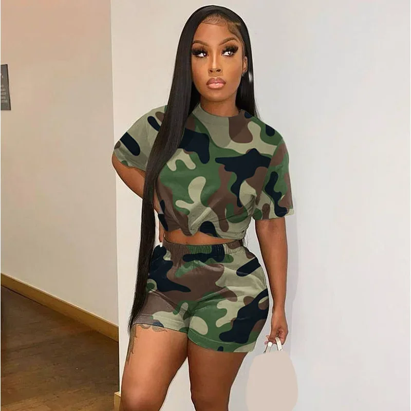 

KEXU Camouflage Round Collar T shirt Shorts Two Piece Set Sweatsuit Casual Short Sleeve Tracksuit Women Clothing Summer Street