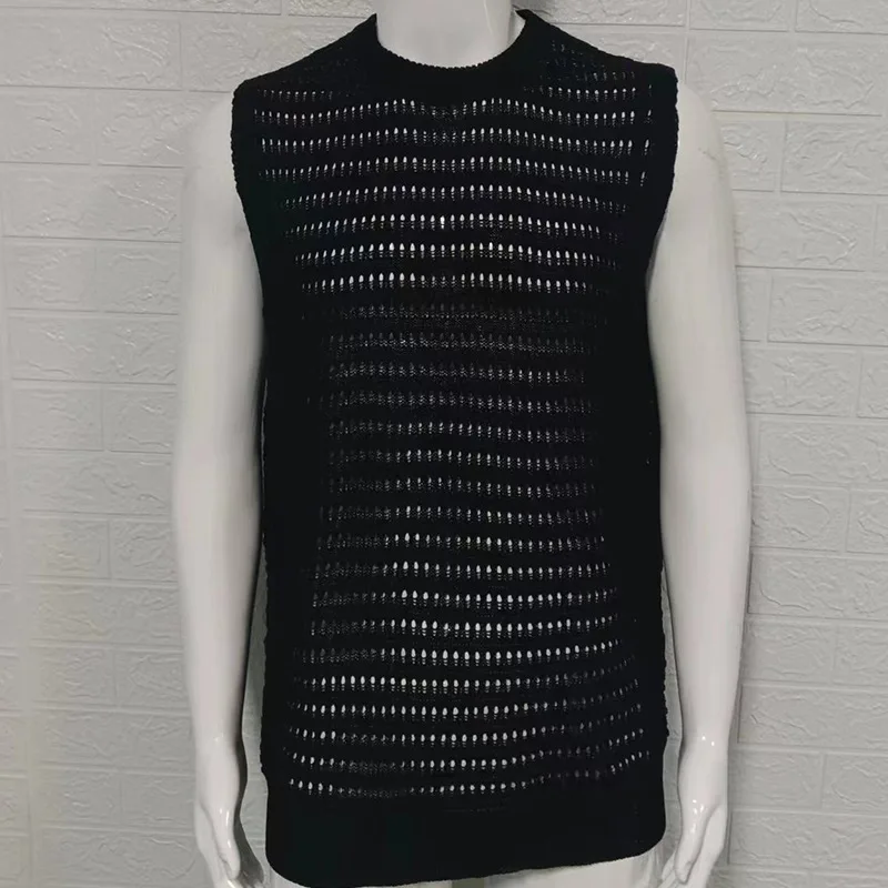 Men's Sweater Vest 2023 Summer New Breathable Solid Color Slim Sleeveless Hollow Knit Vest