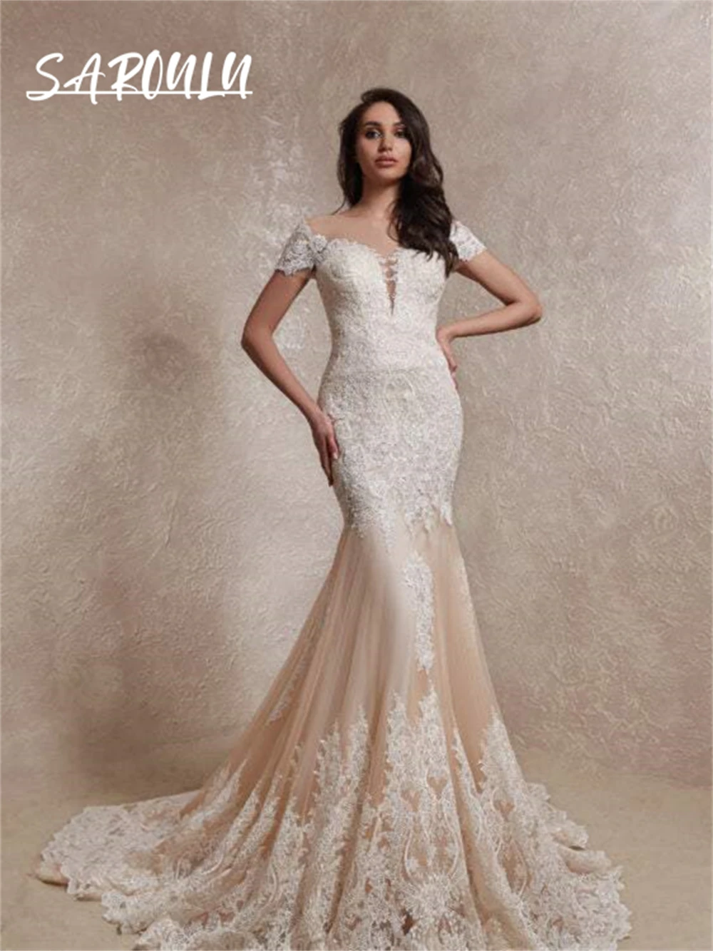 

Classic Women Wedding Dress With Sheer Neck Champagne Tulle With Ivory Lace Appliques Mermaid Bridal Gown Custom Made