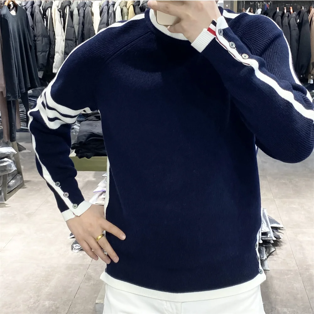 유럽 스타일 니트 Topsweater 남자 2023 겨울 새로운 Fashionuniquetrendy 스트라이프 간단한 긴 소매 따뜻한 탑