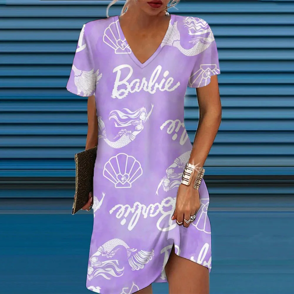 thumbnail image 1 of Vestidos formales con estampado de princesa Barbie para mujer, vestidos de verano con escote en V, vestidos bohemios para mujer, ropa femenina, vestido de fiesta, 1 of 5