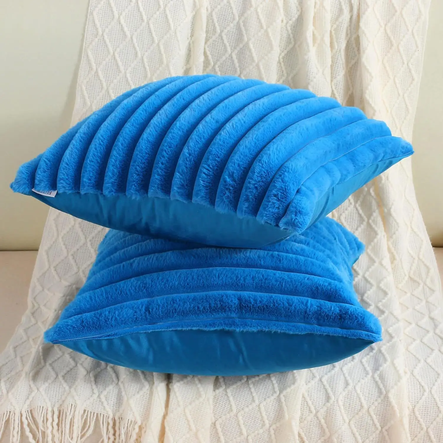 Luxurious Faux Rabbit Fur Striped Cushion Cover – Super Soft Solid Color (24×24 inch)