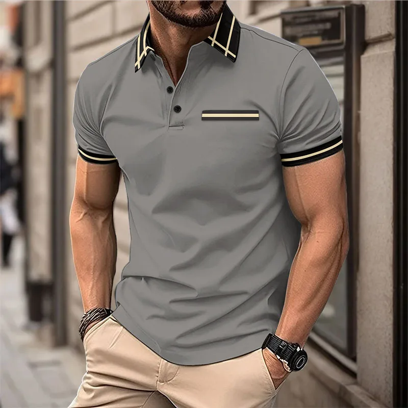 

Summer Men's Polo T-shirt Men's Casual Lapel Button-down Shirt Fashion Contrast lapel with Short Sleeve Top