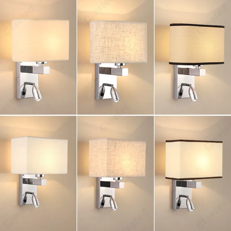 LED Fabric Lampshade E27 with Switch Wall Light Adjustable Angle Spotlight Hotel Room Indoor Bedroom Bedside Reading Light