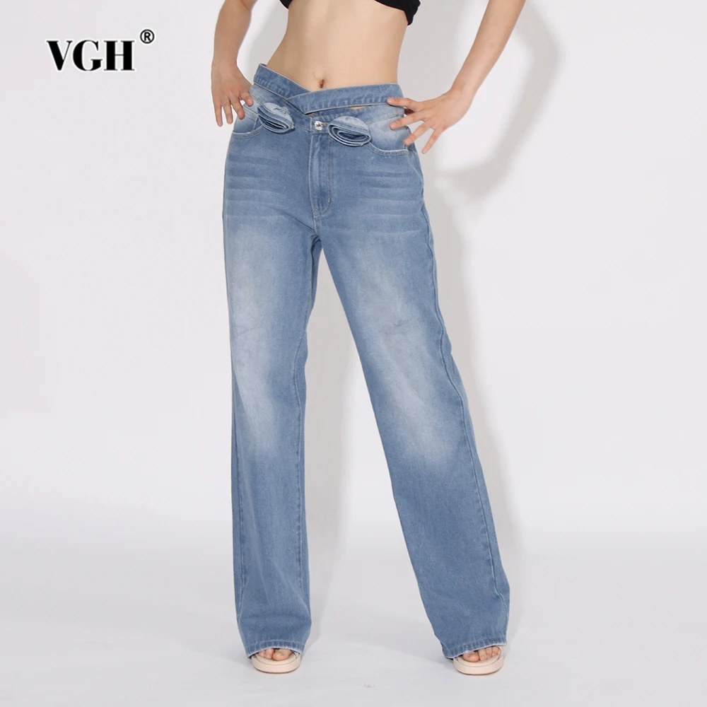 

VGH Solid Hollow Out Patchwork Appliques Denim Trousers For Women High Waist Spliced Pockets Streetwear Straight Trousers Female