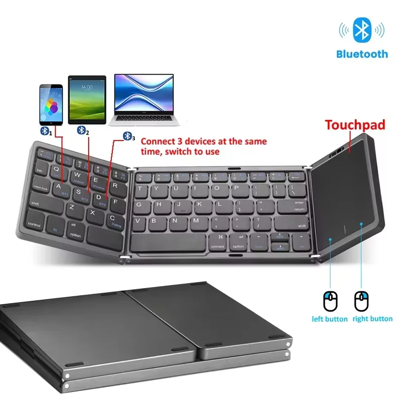 Mini tastiera wireless pieghevole a 3 sezioni con doppio Bluetooth e touchpad per Windows, Android, iOS, iPad e telefono._voghion.com