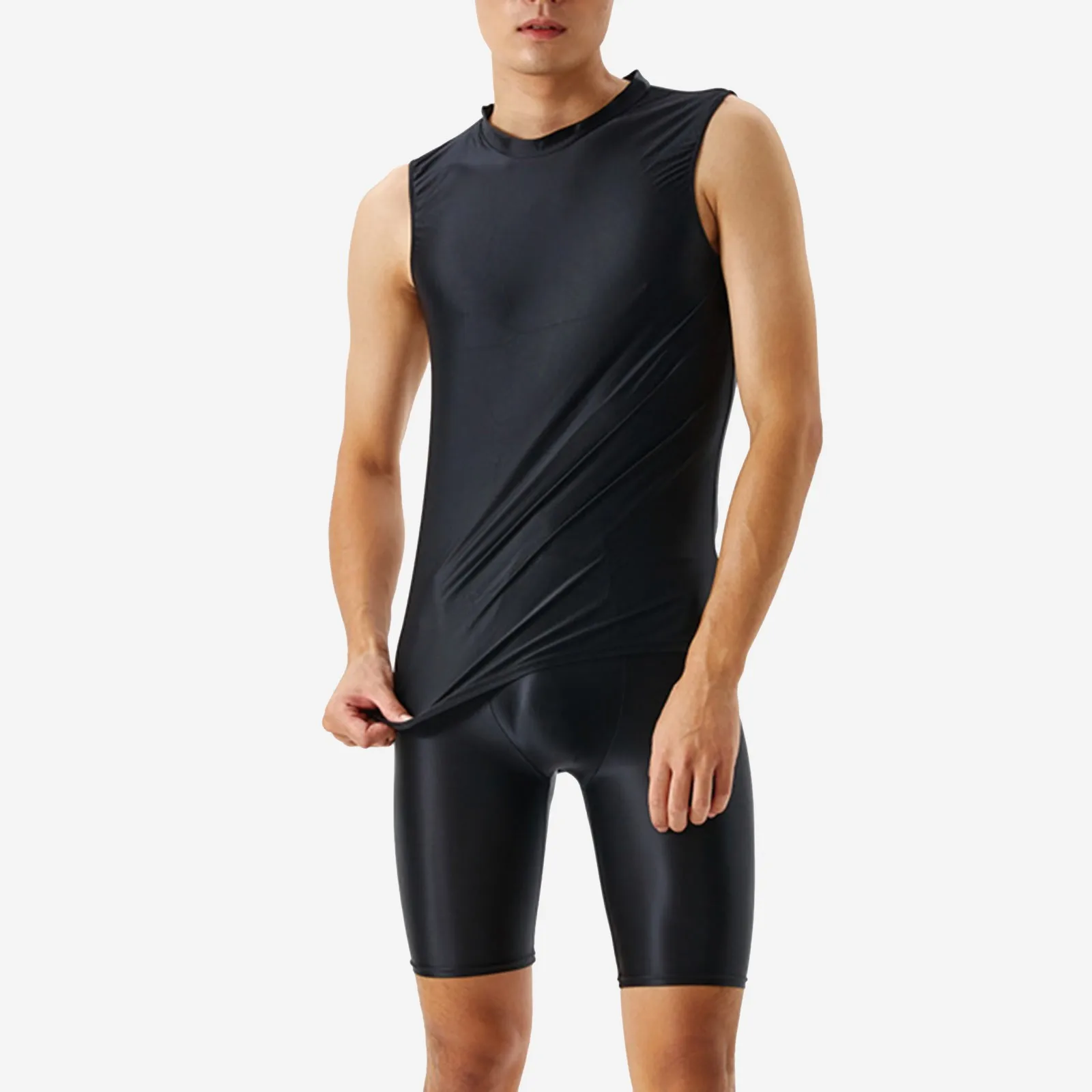 

Сексуальный мужской шелковистый Блестящий облегающий прозрачный жилет пятиконечные брюки жирные шорты для фитнеса глянцевый спортивный костюм для йоги женский