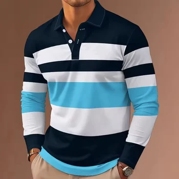 Polo a maniche lunghe a righe multicolori alla moda per uomo, camicia casual elegante con colletto slim fit per tutti i giorni