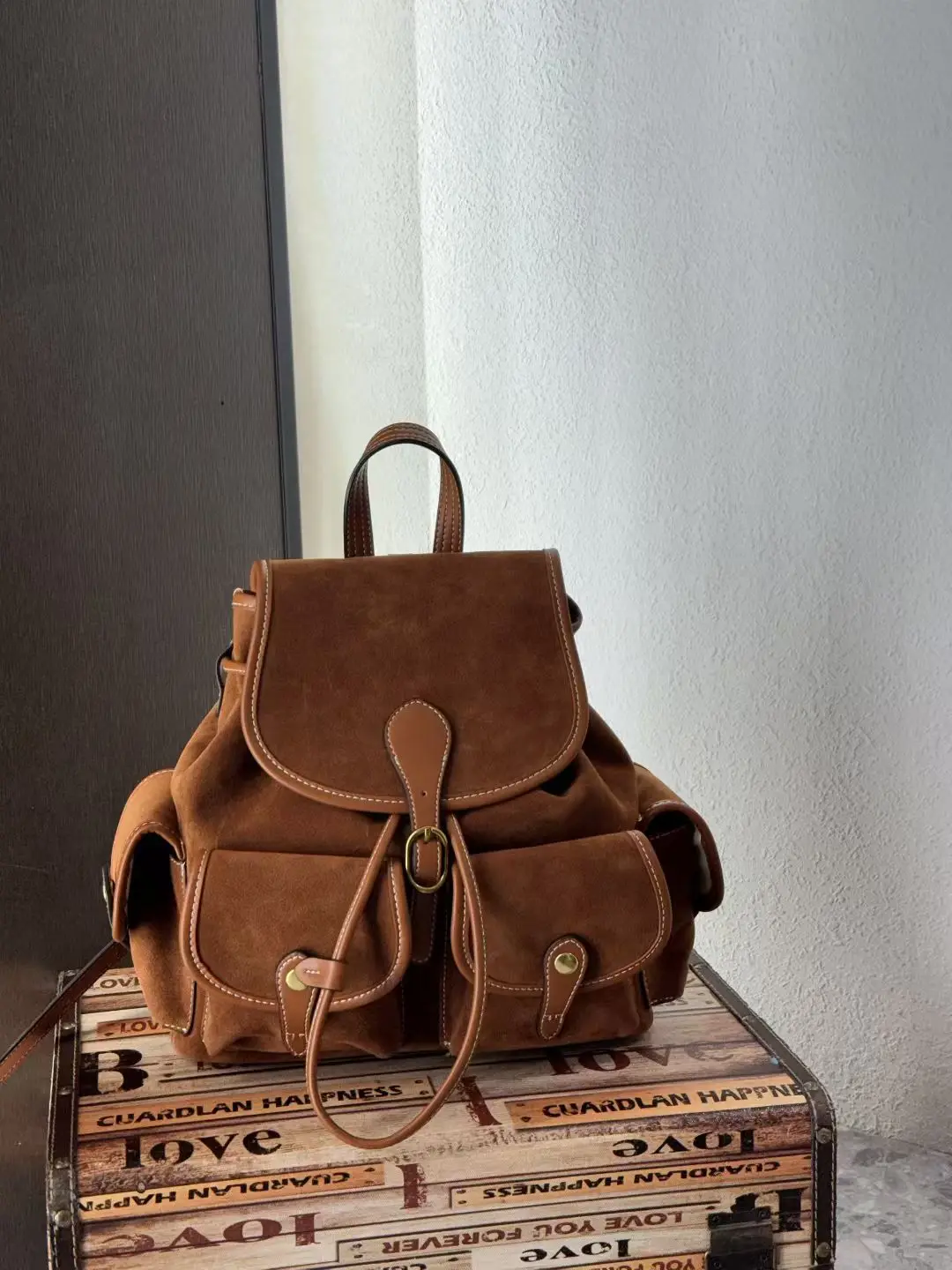 New Vintage Women's Travel Backpack Large Capacity Commuter Suede School Bag College Students Brown Suede Bookbag