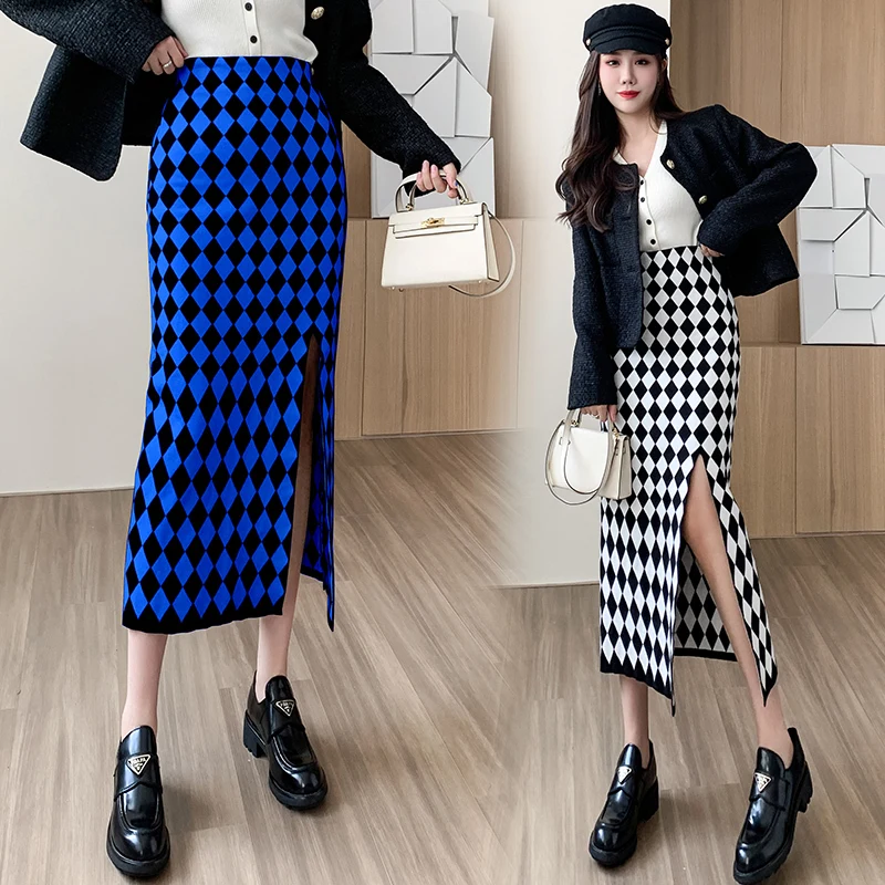 

Vintage Plaid Skirts Women Spring Casual High Waist Midi Skirts Female Korean All-match A-line Split Knitted Skirt