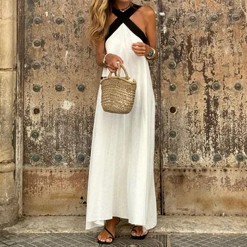 Summer Fashion Solid Color Hanging Neck Strap Sleeveless Cotton And Hemp Dresses Elegant Women's Sexy Cross Neck Maxi Vestidos 1
