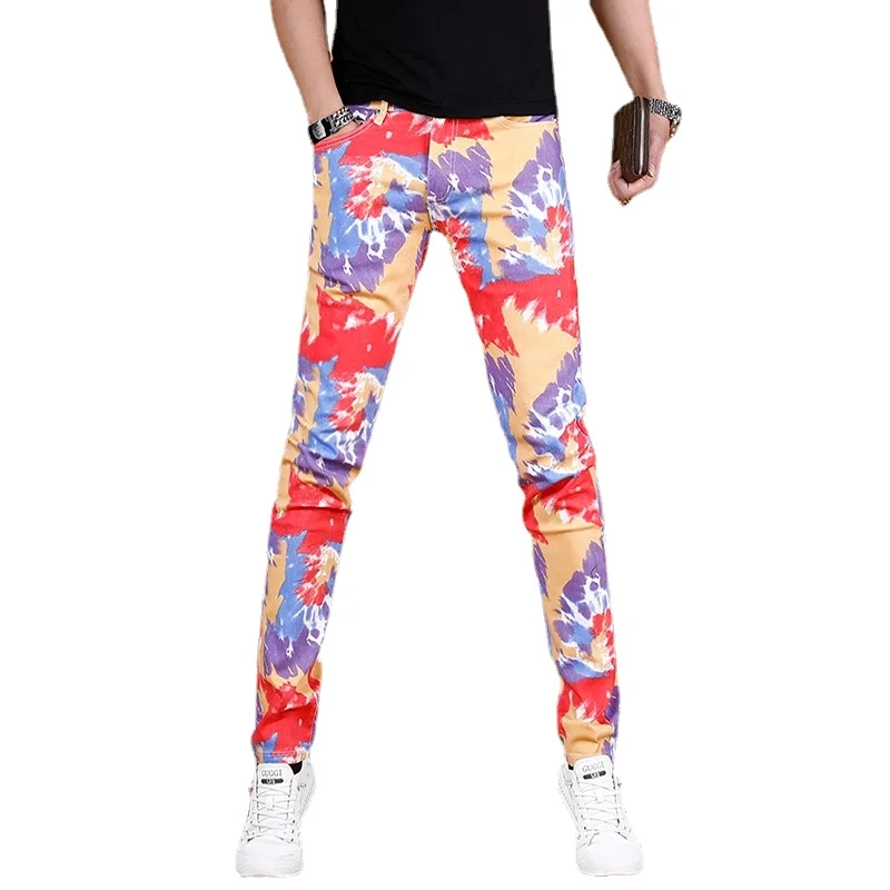 Summer Jeans Men Fashion Colourful Print Pants Streetwear Casual Straight Slim Fit Denim Trousers CP1628