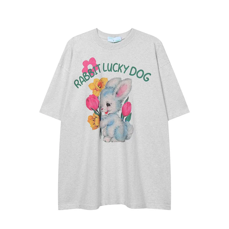 

2023 Summer Fun Cartoon Rabbit Print Loose T-shirt Round Neck Pure Cotton Oversized Men's and Women's T-shirt