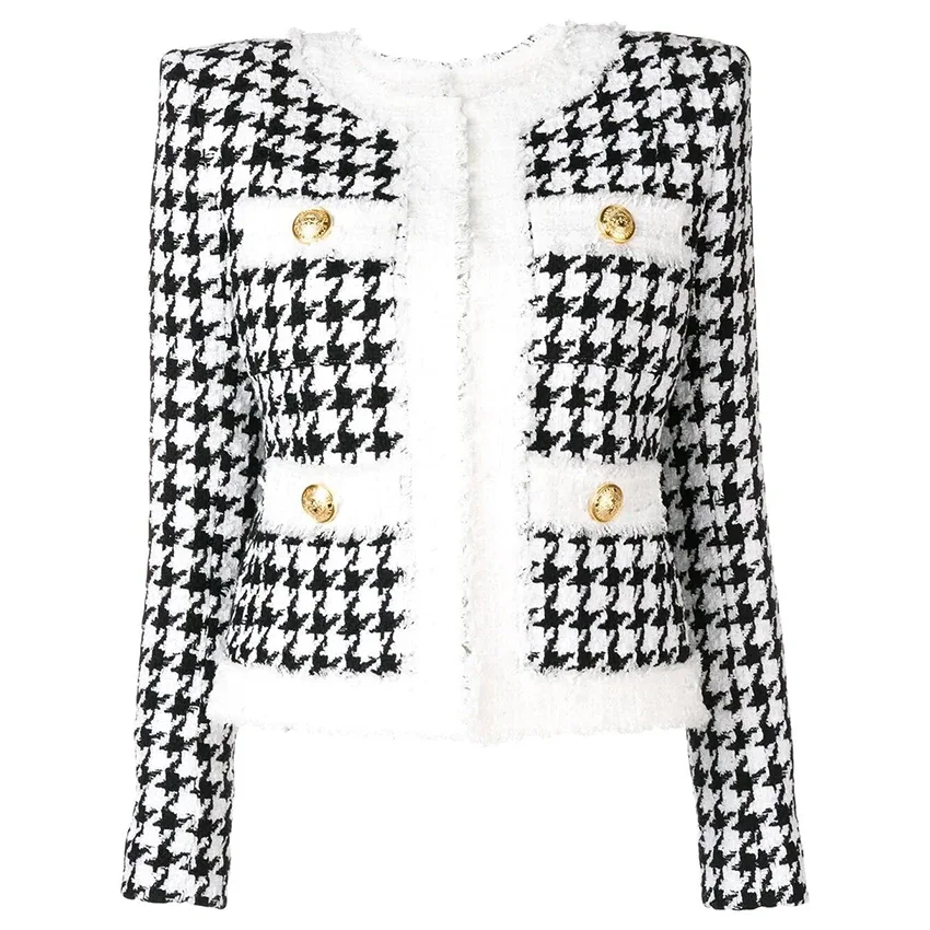 2023 HIGH QUALITY Newest 2023 Autumn Winter Baroque Designer Women's Color Block Zip Houndstooth Fringed Tweed Jacket OverCoat