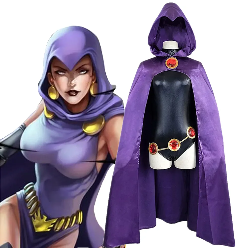 

Teen Titans Super Hero Raven Cosplay Costume Women Black Bodysuit Purple Hooded Cloak Jumpsuits Halloween Party Costume