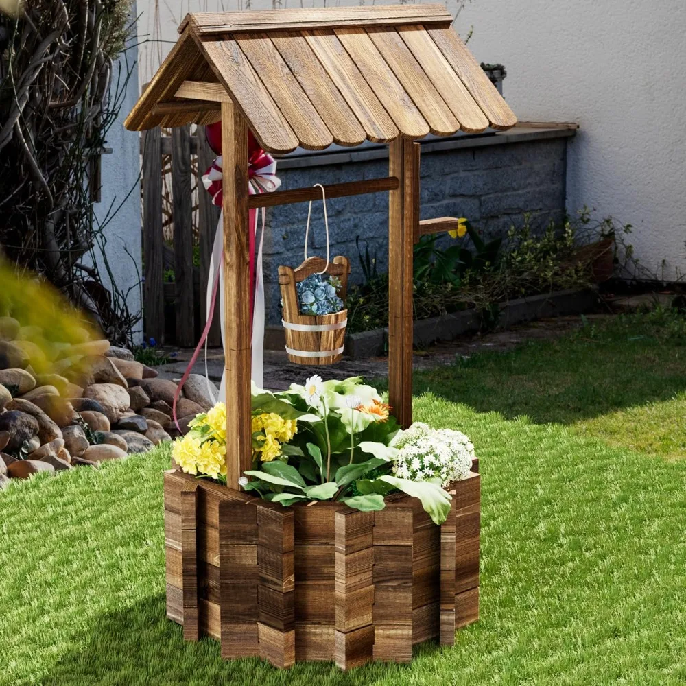 

Wooden Wishing Well Planter with Hanging Bucket for Flower and Plants Indoor and Outdoor,Rustic Flower PlanterGarden Ornamental