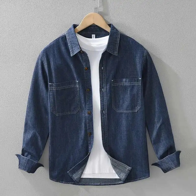 Denim Shirts Men Turn down Collar Long Sleeve Shirts Loose Cotton75% Vintage Jeans Shirt Spring Autumn