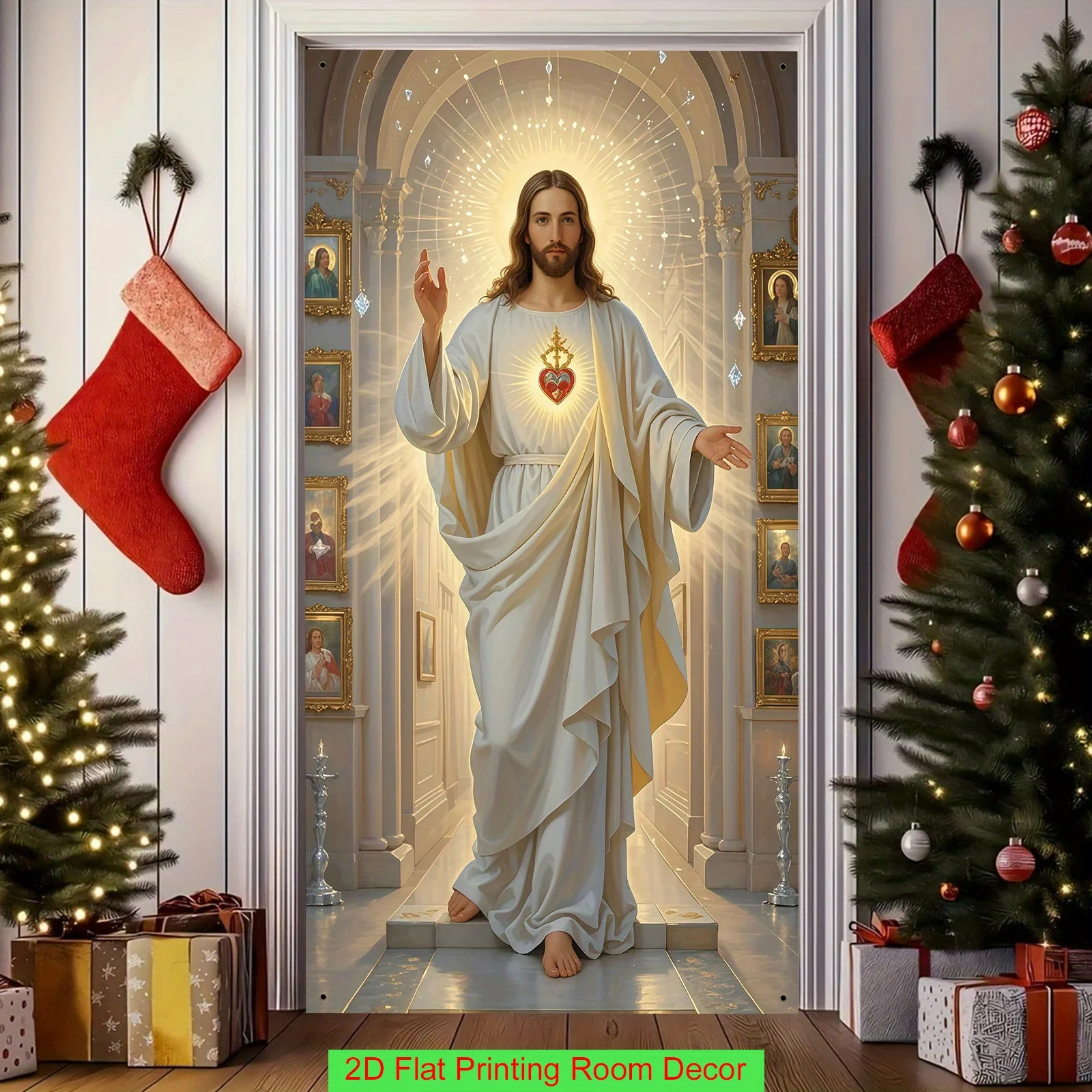 1 Stück Jesus-Türvorhang-Banner – leuchtendes heiliges Herz, religiöse Weihnachtsdeko für drinnen und draußen in Kirchen und Familienfeiern