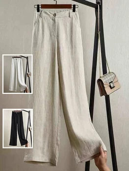 High Waist Wide Leg Cotton Linen Straight Cut Pants Loose Fit Casual Slimming Long Trousers for plus Size Women