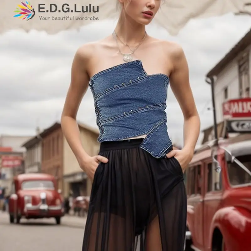 

EDGLuLu Fashion Design Asymmetric Denim Vest Denim Bra Top Women Casual Bare Chest Sleeveless Crop Tops Streetwear Tanks 1124