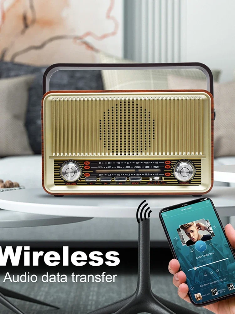 Portable Bluetooth Speaker Radio FM/AM/SW Card TF USB MP3 Music Player Wooden Retro