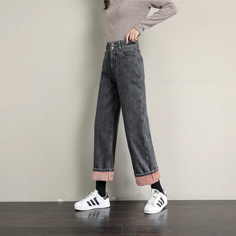 Thick Velvet Mopping Jeans New Winter Women Fashion High Waist Wide Leg Skinny Pants Casual Warm Long Denim Trousers 3 Colors