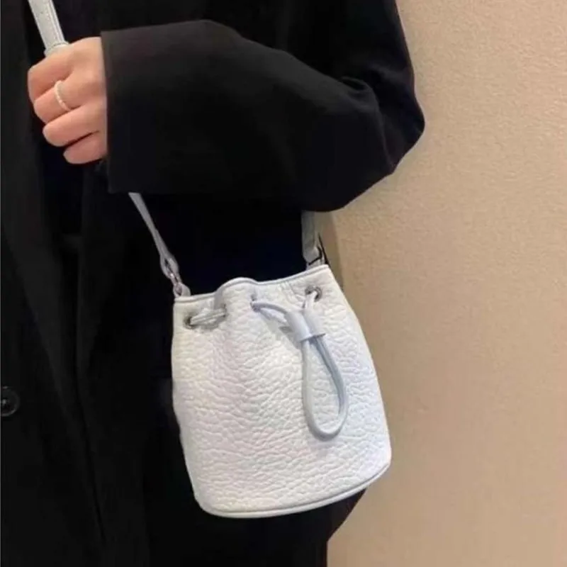 Sweet Cute Blue Drawstring Bucket Handbag Women Faux Lychee Pattern Leather Large Capacity Shoulder Bag Ladies Sle Crossbody Bag