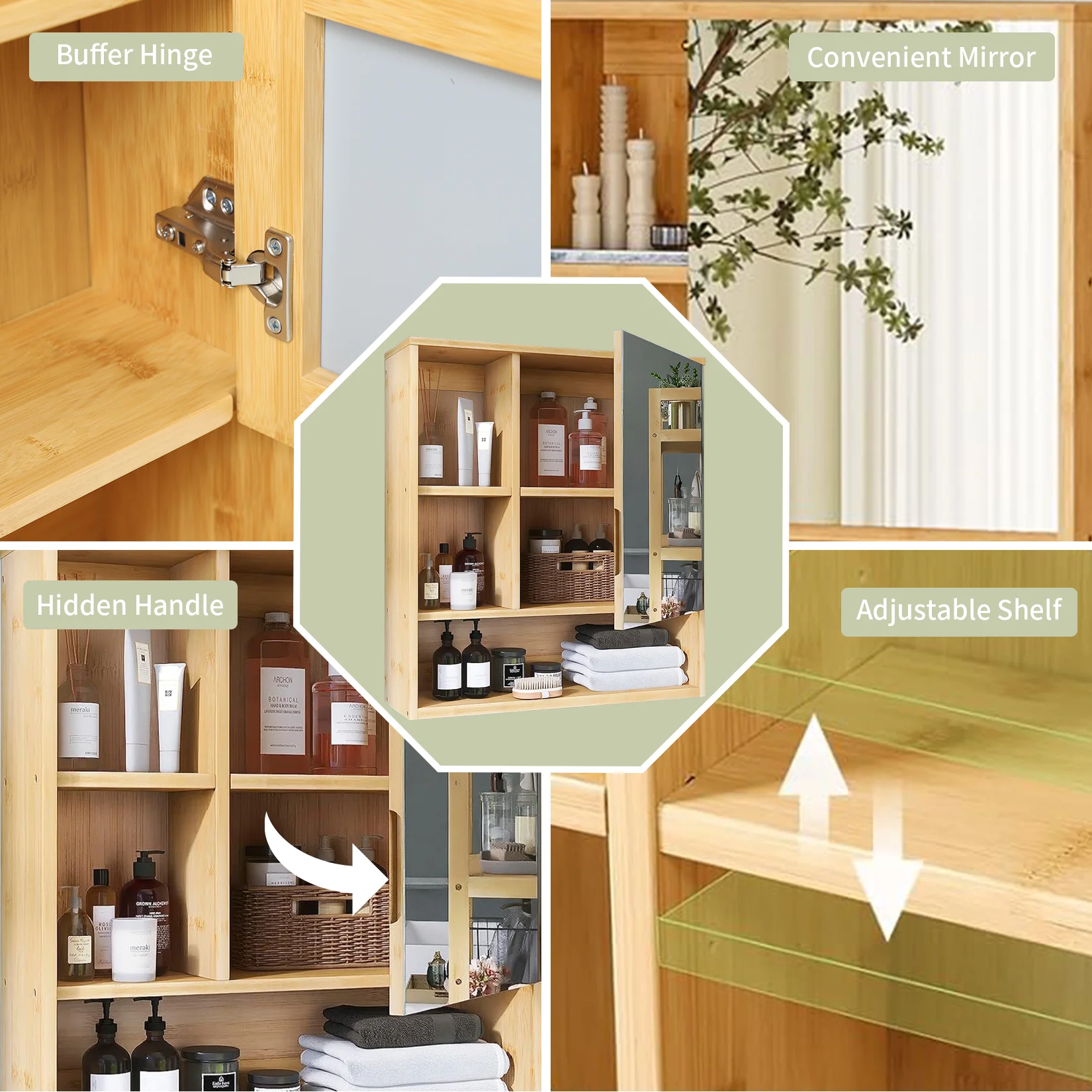 Wall Medicine Cabinet Natural Bamboo Bathroom Storage Cabinet with Mirror 4
