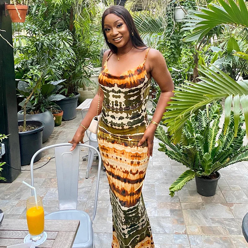 

Zoctuo Women Dresses Elegant Sleeveless Printed Beach Holiday Bodycon Long Dress 2022 Summer Clothing Outfits Y2k