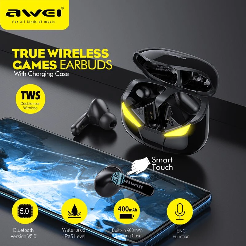 Awei T35 Gaming Bluetooth Earbuds TWS Hands Free Low Latency HiFi Deep Bass  Sound True Wireless Stereo Earphone With Microphone